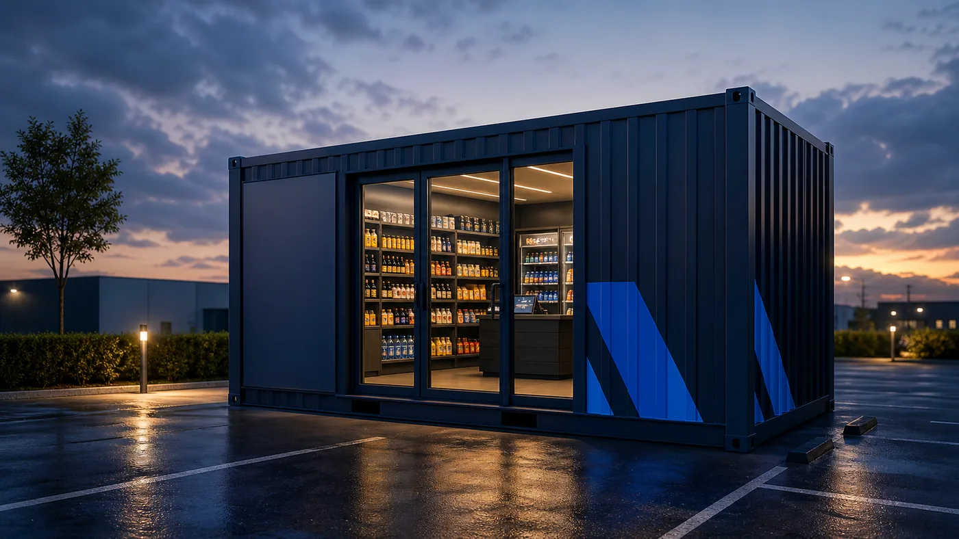 WILLCon Verkaufscontainer im individuellen blauen Kundendesign